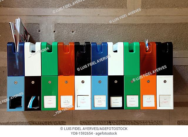 Mailboxes of different colors, Girona. Catalonia. Spain