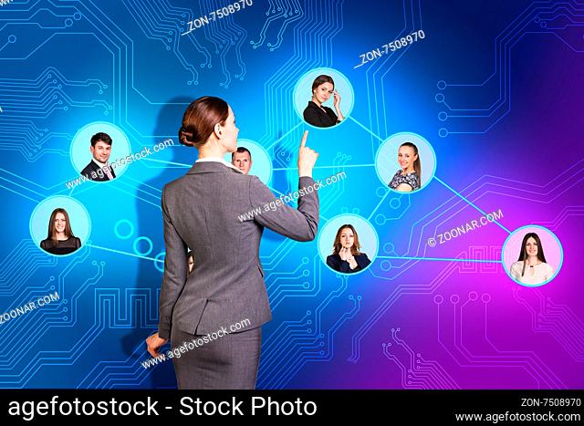 illustration of a young caucasian businesswoman sorting her social network of friends and clients