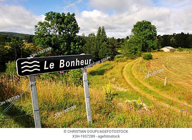 road sign indicating the river named The Bonheur, happiness in french, Gard department, Languedoc-Roussillon region, France, Europe
