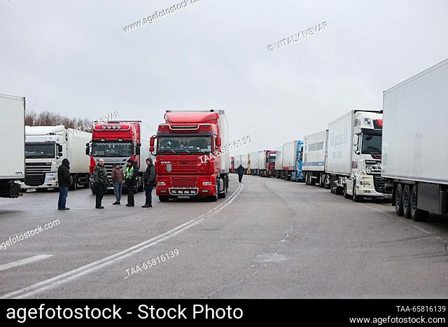 RUSSIA, CHERNYSHEVSKOYE - DECEMBER 16, 2023: Semi-trailers are seen at the Chernyshevskoye checkpoint on the Russian-Lithuanian border