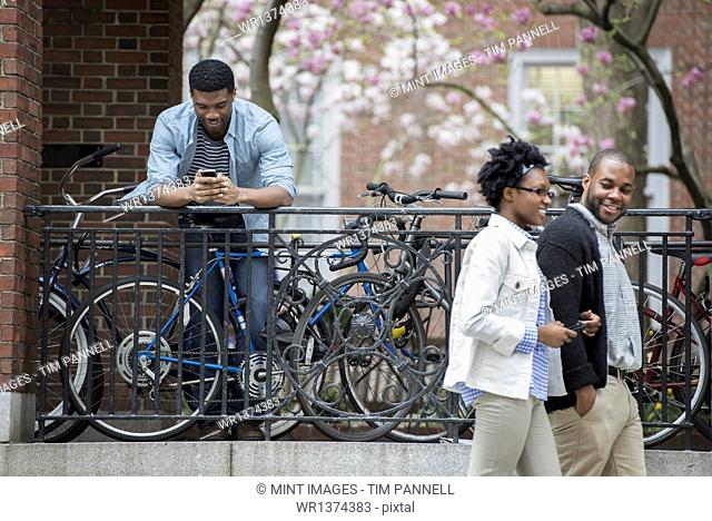 Outdoors in the city in spring. An urban lifestyle. A bicycle rack with locked bicycles, a man texting and a couple walking by