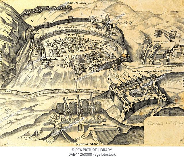 Civitella del Tronto under siege by French and papal troops, commanded by the Duke of Guise, 1557. Salt War, Italy, 16th century
