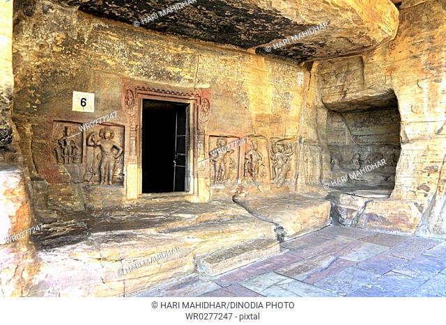 Cave cut into sandstone hill 5 kms from vidish gupta shrines no 6 showing different gods on walls outside door frame , Udaygiri , Bhopal , Madhya Pradesh