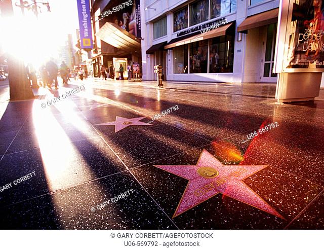 The Walk of Fame and celebrity stars on Hollywood Boulevard in Hollywood, California, USA