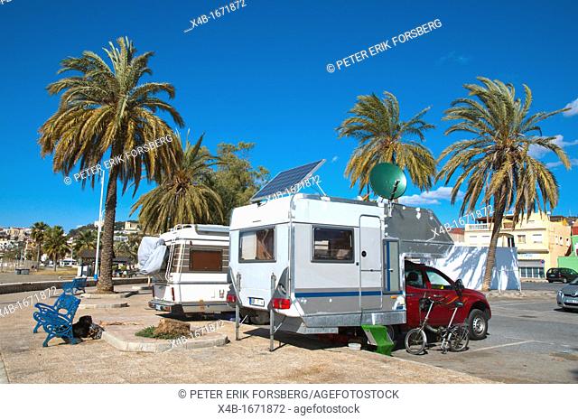 Camper vans parked along Paseo Maritimo del Pedregal seaside promenade Pedregalejo district Malaga Andalusia Spain Europe