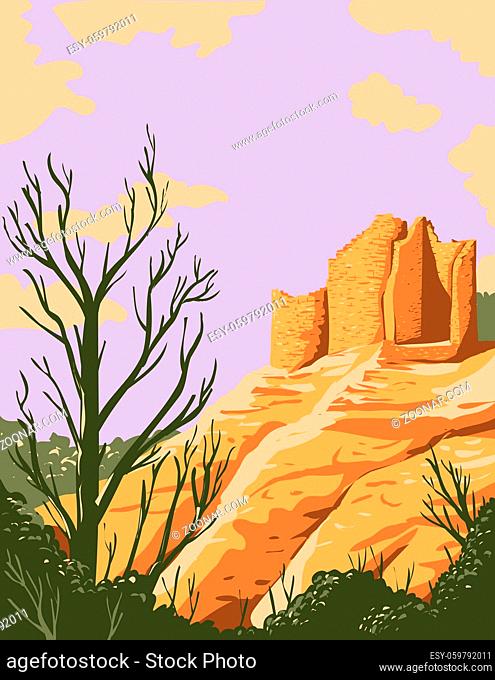 WPA poster art of Cutthroat Castle ruins in Hovenweep National Monument located in Cortez, Colorado and Blanding, Utah on Cajon Mesa of Great Sage Plain USA...