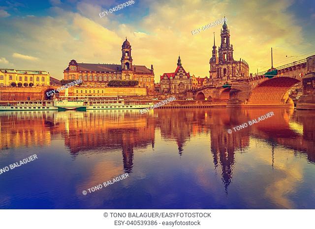 Dresden skyline reflecion in Elbe river at sunset in Saxony of Germany