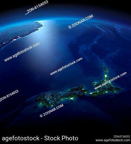 Night planet Earth with precise detailed relief and city lights illuminated by moonlight. New Zealand. Elements of this image furnished by NASA