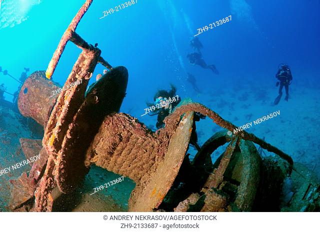 Diver looking at shipwreck ""Giannis D"". Red sea, Egypt, Africa