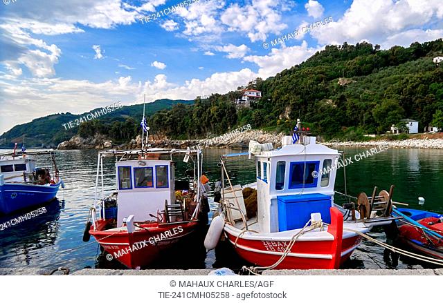 Greece, Aegean Sea, Pelion peninsula , fishing boats moored in dock, hessaly province, Magnesia distrct