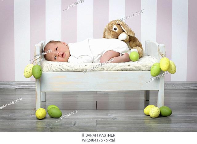 Newborn baby in doll's bed'