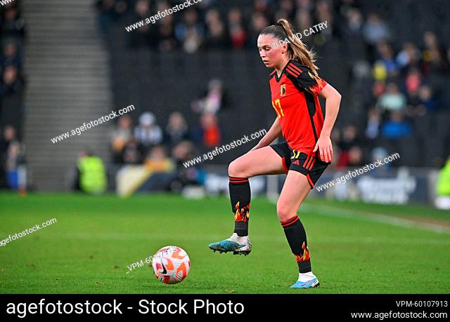 Belgium's Jill Janssens pictured in action during a game between Italy and Belgium's national women's soccer team the Red Flames, in Milton Keynes