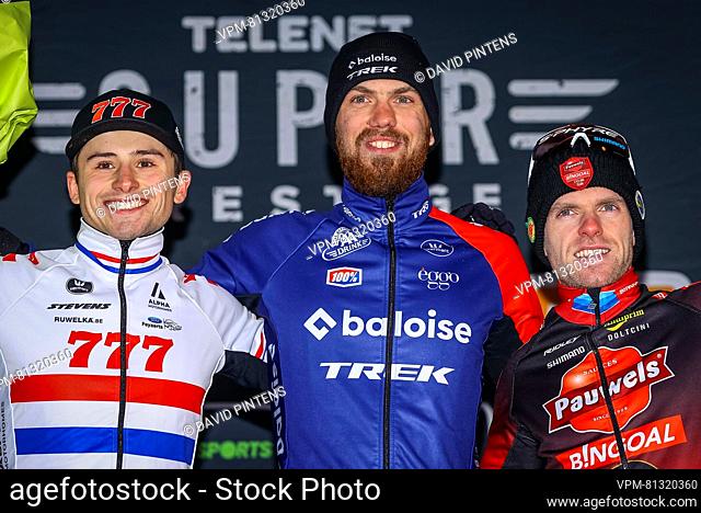 British Cameron Mason, Dutch Joris Nieuwenhuis and Belgian Eli Iserbyt pictured on the podium after the men's race of the Superprestige Boom