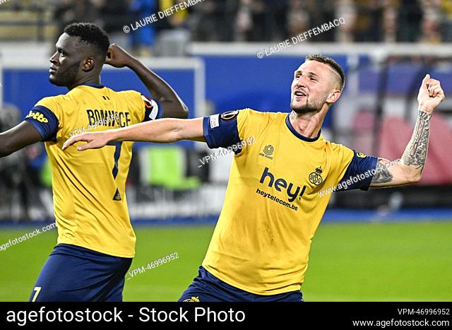 Union's Victor Boniface and Union's Siebe Van Der Heyden celebrate after a match between Belgian soccer team Royale Union Saint-Gilloise and the Portugese club...