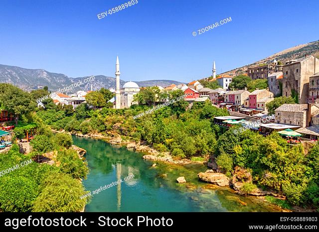 View of old city of Mostar and Neretvy river by day, Bosnia and Herzegovina