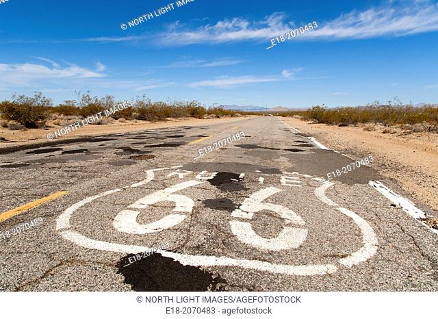 USA, California, Goffs. Route 66 sign painted on the highway