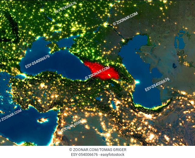 Satellite night view of Georgia highlighted in red on planet Earth. 3D illustration. Elements of this image furnished by NASA
