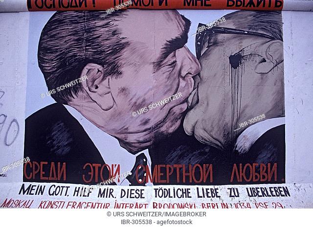 East Side Gallery, - my god, help me to survive this deadly love -, Breschnew and Honecker kissing each other, Berlin wall, Berlin, Germany, Europe