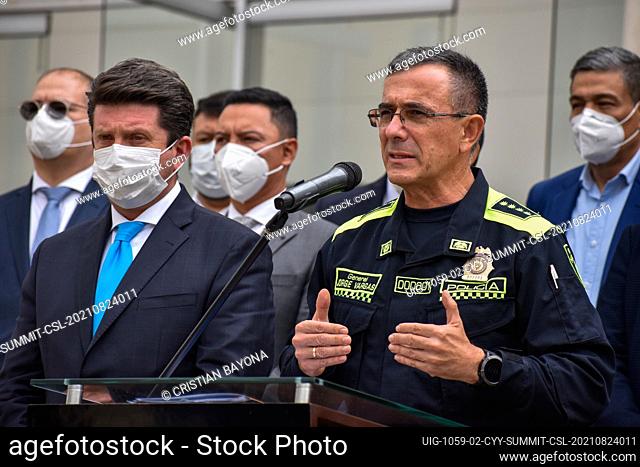 Colombia's police Major General Jorge Luis Vargas speaks to the press (Right) and Colombia's minister of Defense Diego Molano (Left) as Colombia's minister of...