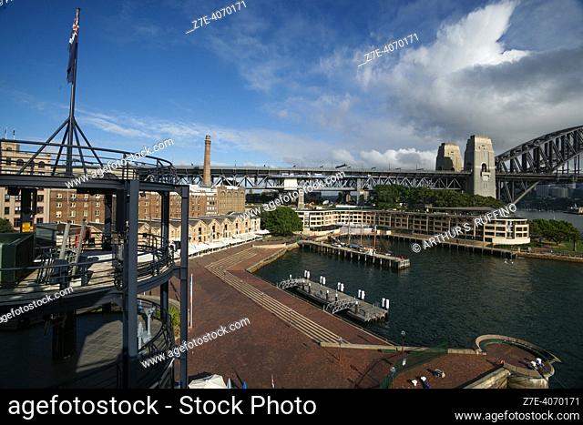 Architecture along cruise terminal. View from cruise ship. Sydney Harbour. Sydney, New South Wales, Australia