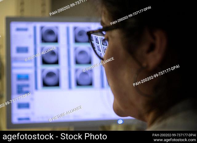 28 January 2020, Rhineland-Palatinate, Mainz: Verena Holze, reproduction biologist, sits in front of the monitor of the Timelaps Imaging System and looks at...