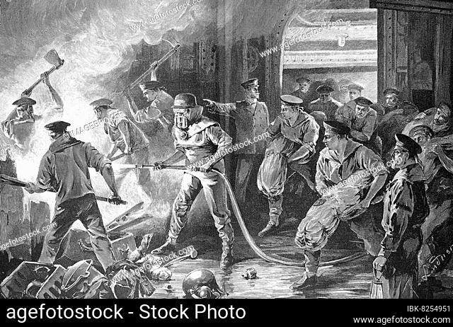 Feuer auf einem Handelsschiff, die Matrosen beim Versuch den Brand zu löschen, 1880, Deutschland, digital restaurierte Reproduktion einer Originalvorlage aus...
