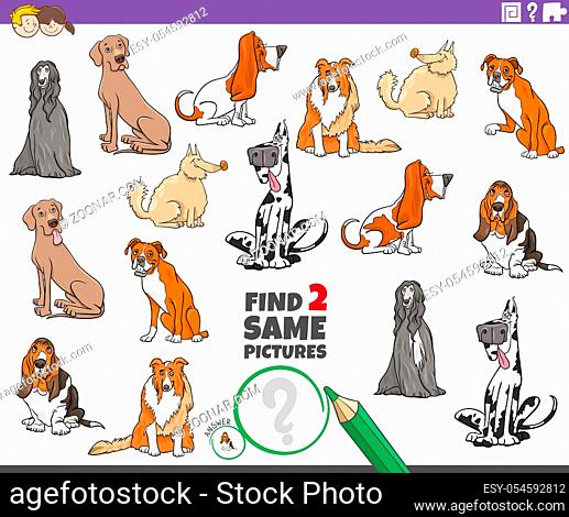 Cartoon Illustration of Finding Two Same Pictures Educational Game for Children with Purebred Dogs Animal Characters