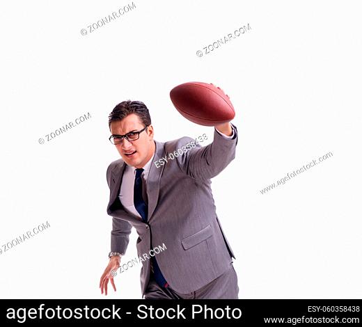 The businessman with american football isolated on white