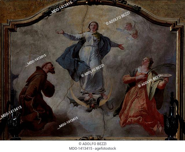 Immaculate Conception with Saints Francis and Lucy, by Francesco Fontebasso, 1761 - 1768, 18th Century, fresco. Italy, Lombardy, Cremona, Trescore Cremasco