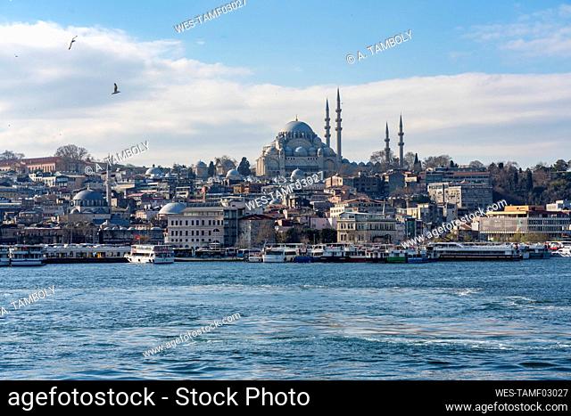 Turkey, Istanbul, Waterfront of coastal city with Suleymaniye Mosque in background