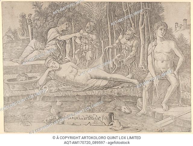 The metamorphosis of Amymone who lies in the centre leaning on her arm surrounded by Apollo at left, Neptune at right and two satyrs, ca