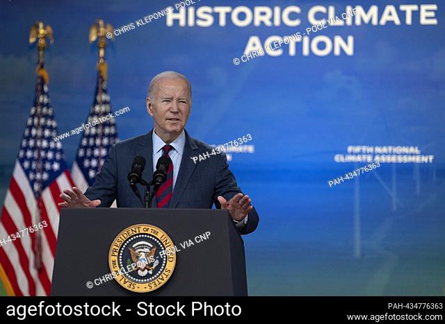 United States President Joe Biden makes remarks on his Administration€™s actions to address the climate crisis in the South Court Auditorium in Washington, DC