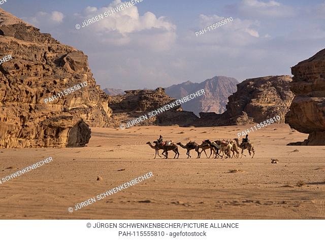 A caravan between rocks in the Wadi Rum desert. The desert in southern Jordan is one of the country's most important tourist destinations