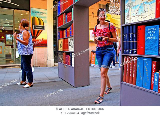 street decorated with bookstores, Festes de Gràcia 2017, Barcelona, Catalonia, Spain