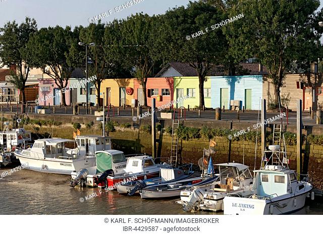 Small harbor with colorful fishing huts, Meschers-sur-Gironde, Cote de Beaute, Charente-Maritime, Poitou-Charentes, France
