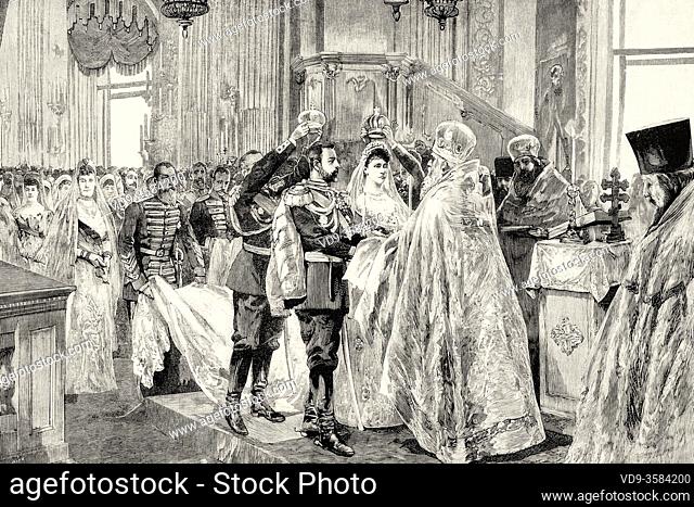 Coronation of Tsar Nicholas II and the Princess Alix of Hesse-Darmstadt at the Cathedral of the Assumption of Moscow on November 26, 1894. Russia