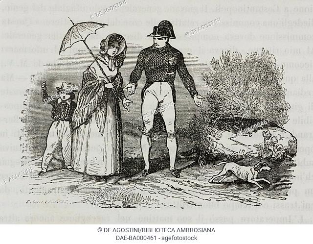 Napoleon Bonaparte dressing down Madame Montholon for chasing a dog, St Helena Island, 16 September 1816, illustration from the first Italian edition of The...