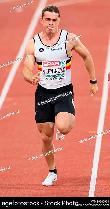 Belgian Kobe Vleminckx pictured in action during the semifinals of the men's 100m race on the second day of the Athletics European Championships, at Munich 2022