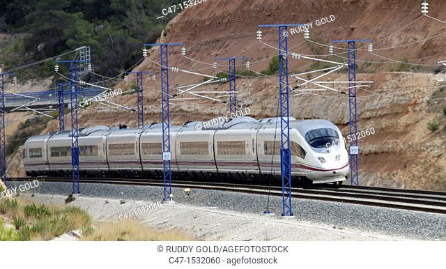 Spain, Catalonia, Lleida province, High Speed Train, AVE Serie 103 going out of Vinaixa viaduct