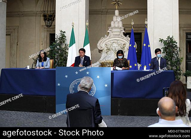Giuseppe Conte, Lucia Azzolina, Paola De Micheli and Roberto Speranza during the press conference on anti Covid measures for the reopening of the school year...