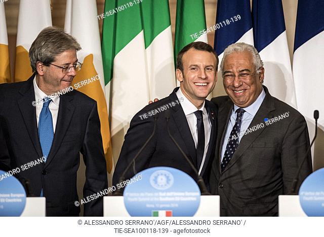 Press conference, Italian Prime Minister Paolo Gentiloni, French President Emmanuel Macron, Portuguese Prime Minister Antonio Costa during the Southern European...