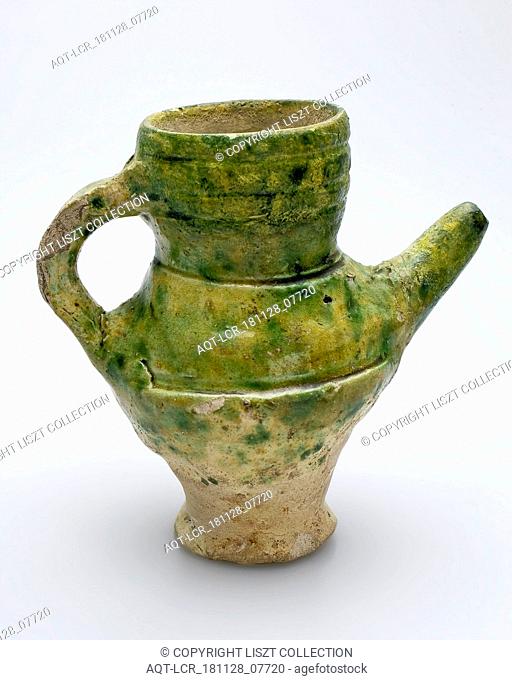 Pottery feeding bottle or small jug with spout, yellow shard mottled green glazed, Bottle soil find ceramic earthenware glaze lead glaze, rim 3