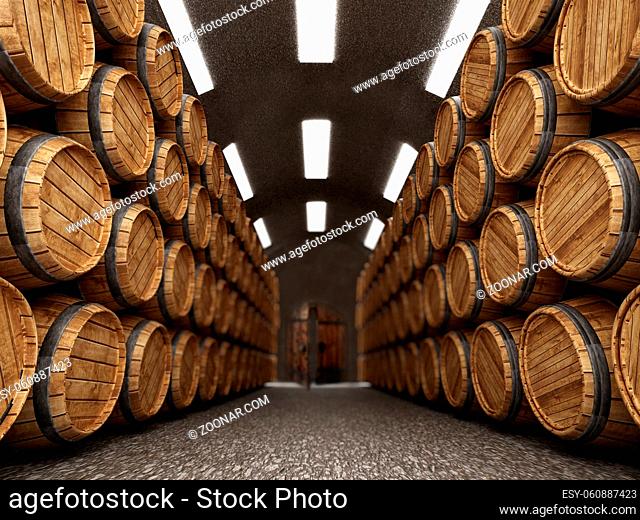 Wine cellar with stack of wooden barrels