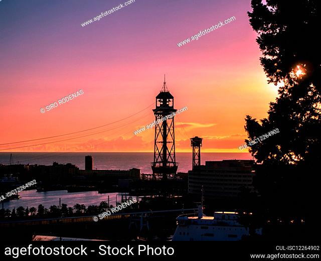 Sunset at port with Cableway, Barcelona, Spain
