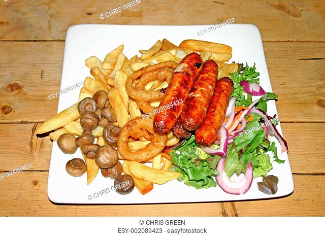 Sausages Chips and Onion Rings