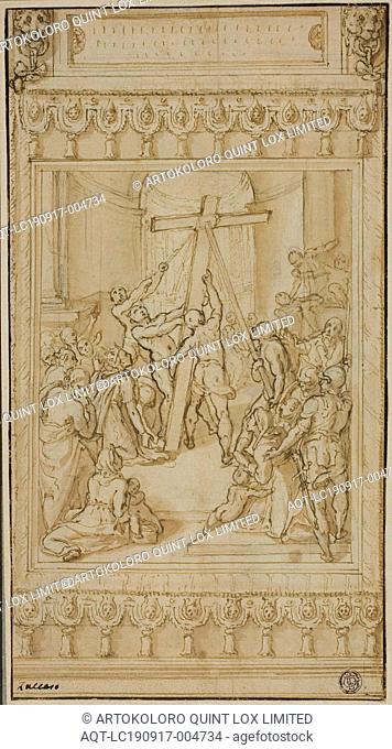 Saint Helena Kneeling before the True Cross, c. 1582, Cesare Nebbia, Italian, 1536-1614, Italy, Pen and brown ink with brush and brown wash, over black chalk