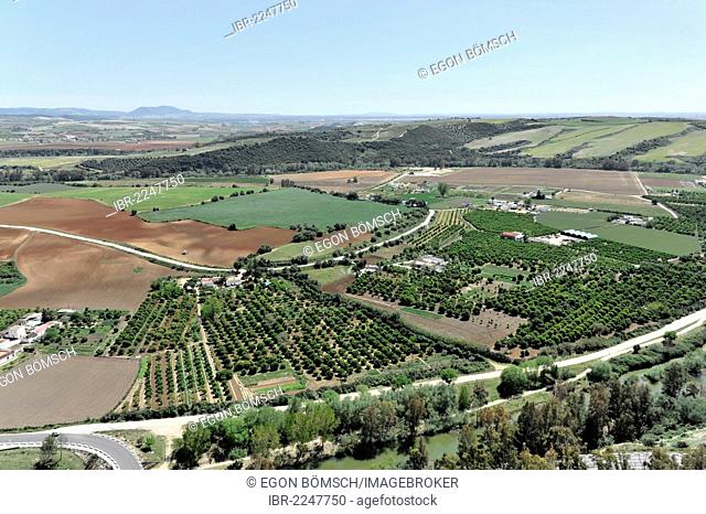 View to the valley of Sierra Grazalema from Plaza del Cabildo, Arcos de la Frontera, Cadiz province, Andalusia, Spain, Europe