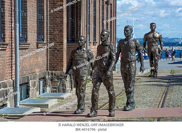 Sculptures of shipyard workers by artist Hans Pauli Olsen, at the dockyard museum in Elsinore, Hovedstaden Region, Denmark