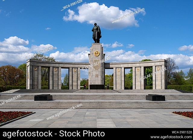 Berlin, Germany, Europe - Soviet War Memorial with the statue of the Red Army soldier along 17 June Street (Strasse des 17