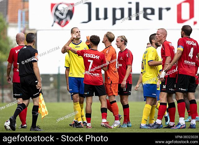 Beveren's Aleksandar Vukotic argues with players of Helmond the gala game between Belgian Challenger Pro League club KSK Beveren and Helmond